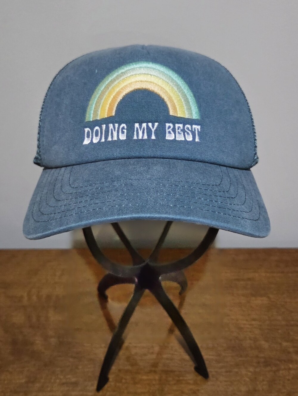 Adjustable Blue Trucker Hat "Doing My Best" Rainbow